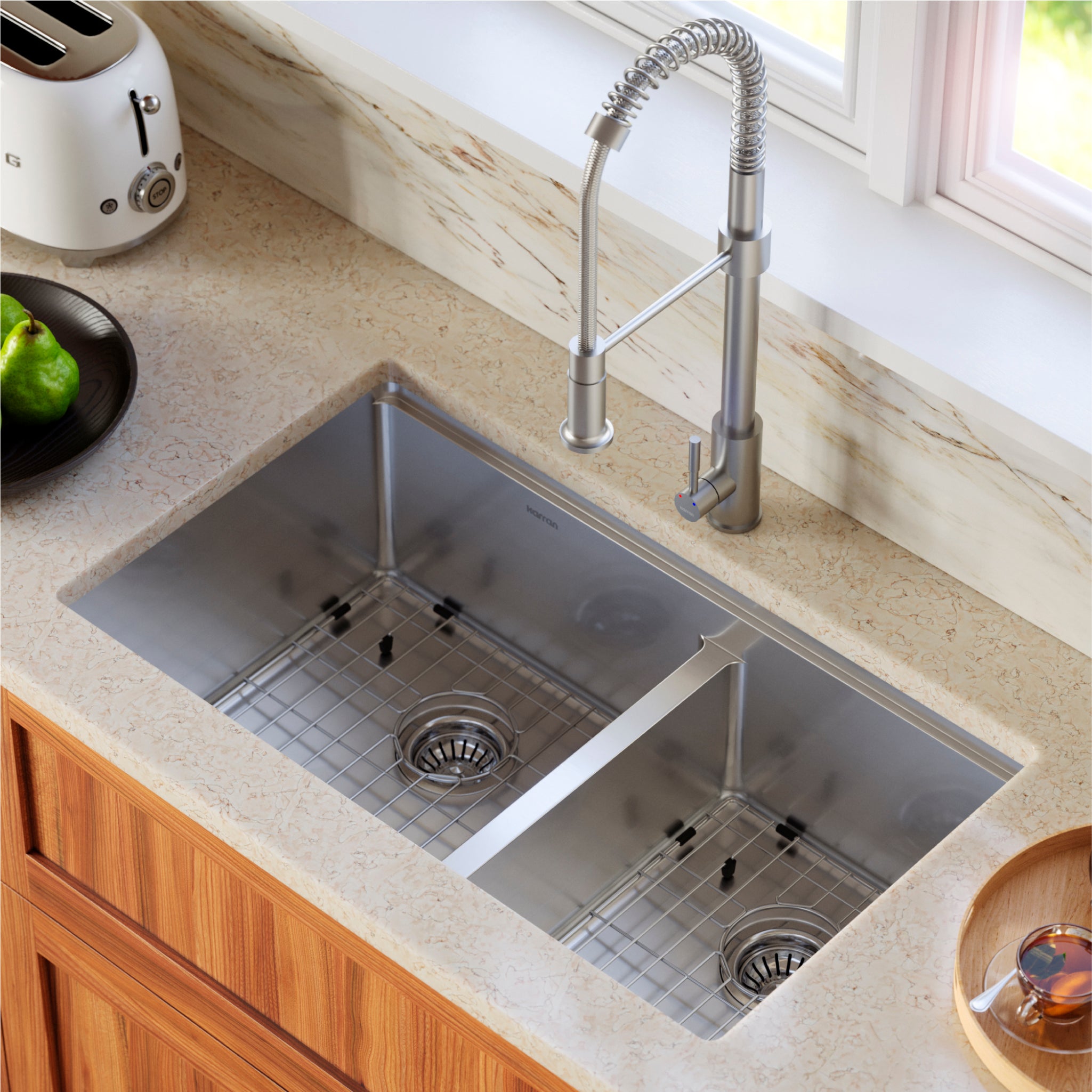 Karran 32" Undermount Stainless Steel Workstation Kitchen Sink with Faucet and Accessories, 60/40 Double Bowl, 16 Gauge, WS-40-PK2