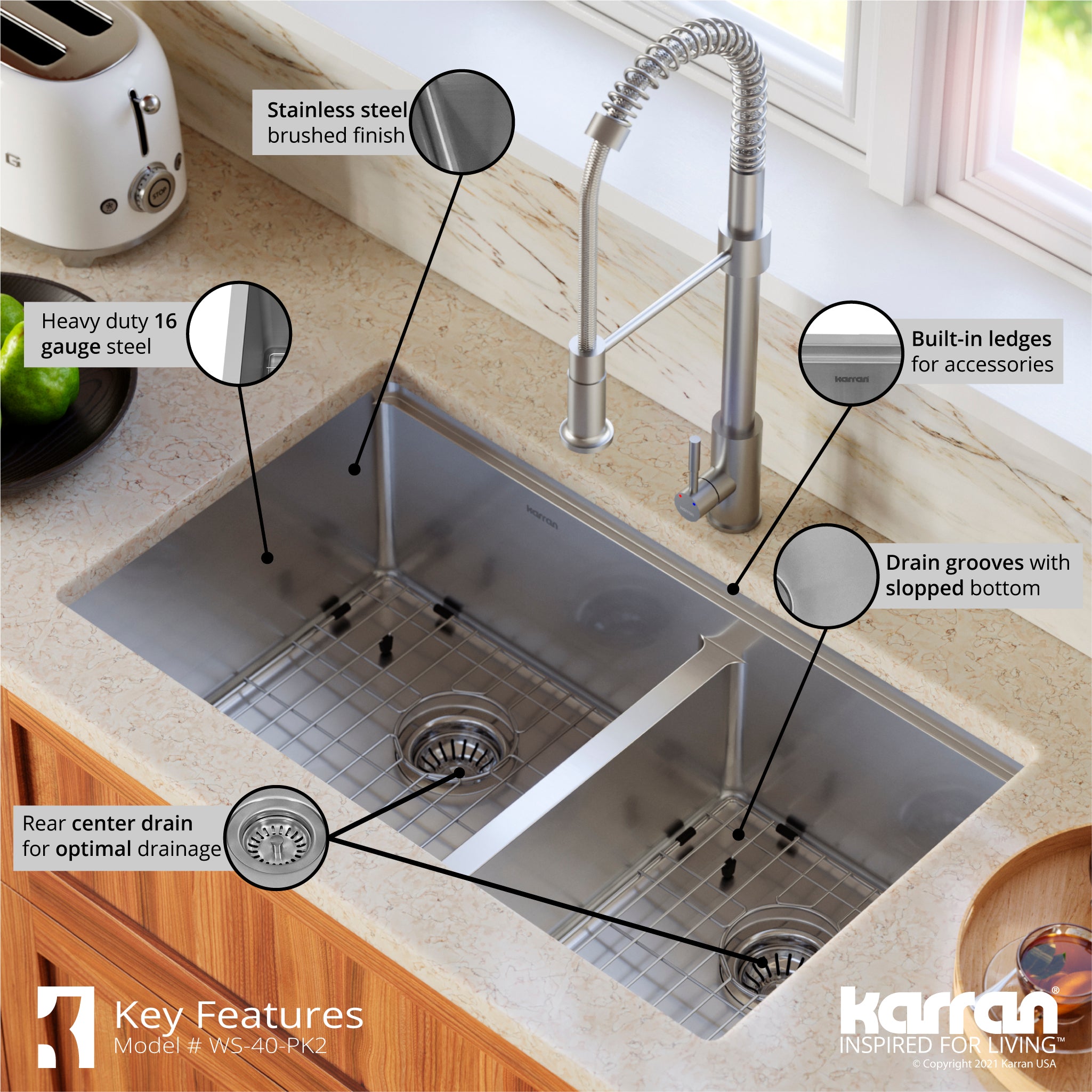 Karran 32" Undermount Stainless Steel Workstation Kitchen Sink with Faucet and Accessories, 60/40 Double Bowl, 16 Gauge, WS-40-PK2