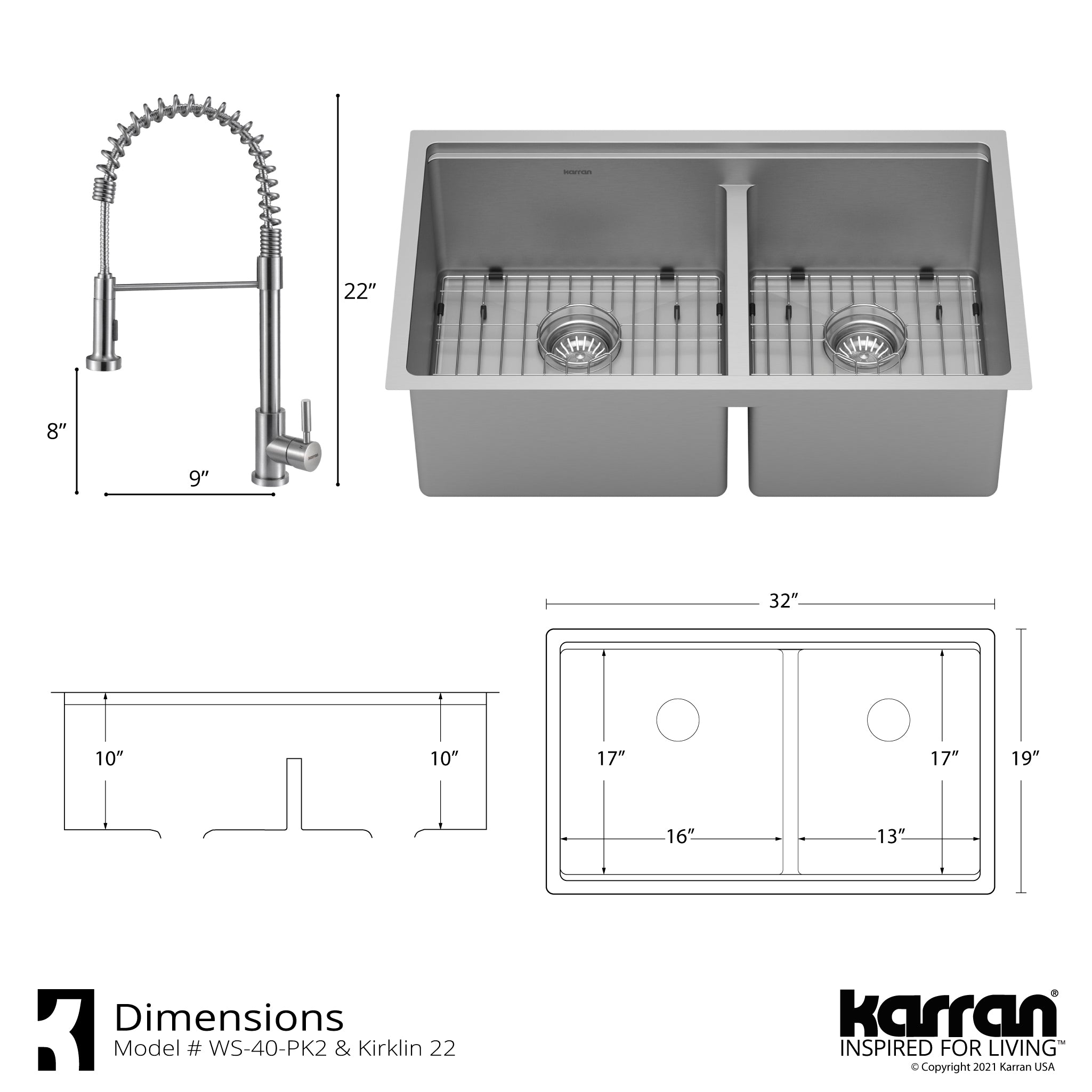 Karran 32" Undermount Stainless Steel Workstation Kitchen Sink with Faucet and Accessories, 60/40 Double Bowl, 16 Gauge, WS-40-PK2