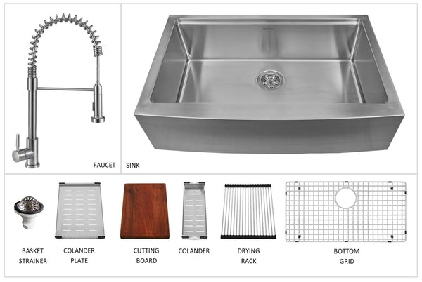 Karran 33" Stainless Steel Workstation Farmhouse Sink with Faucet and Accessories, 16 Gauge, WS-45-PK2