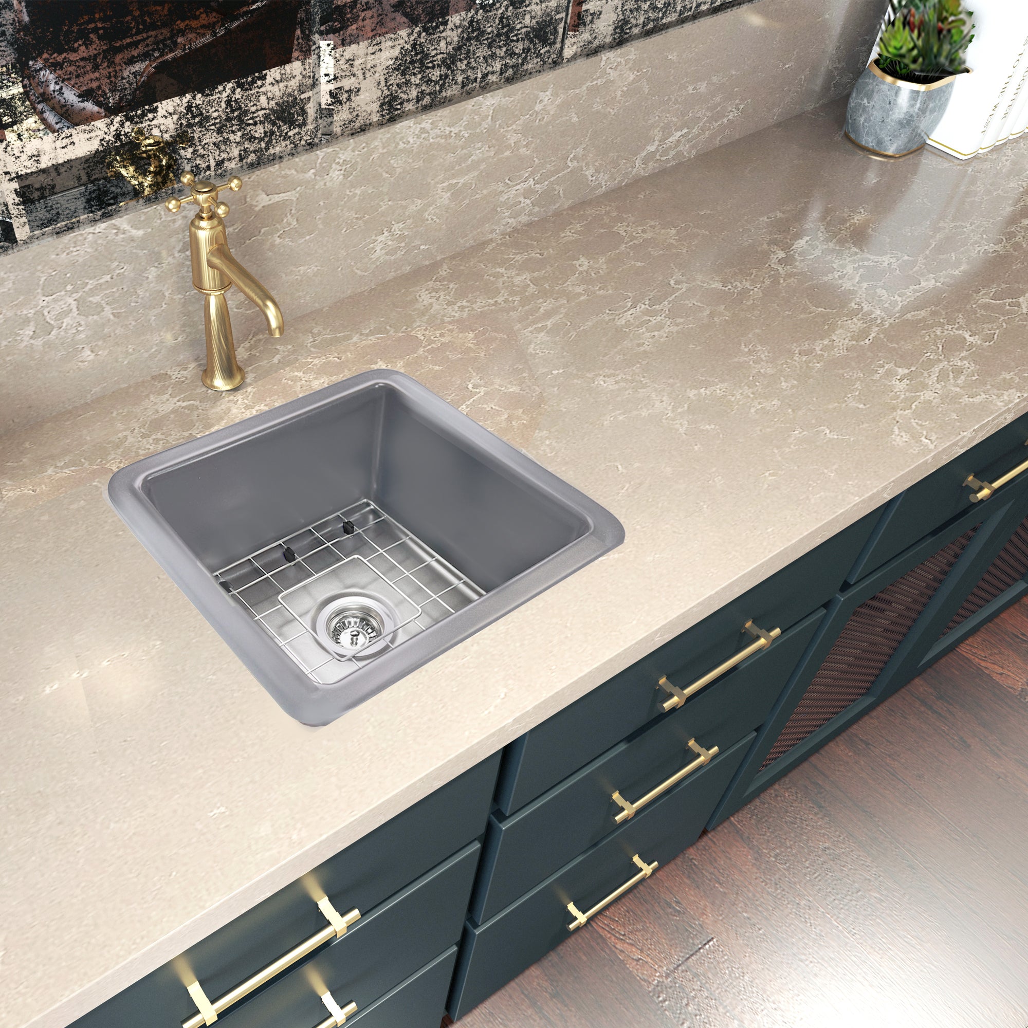 Nantucket Sinks Cape 18" Dual Mount Fireclay Kitchen Sink with Accessories, Matte Grey, Wellfleet-1818GR