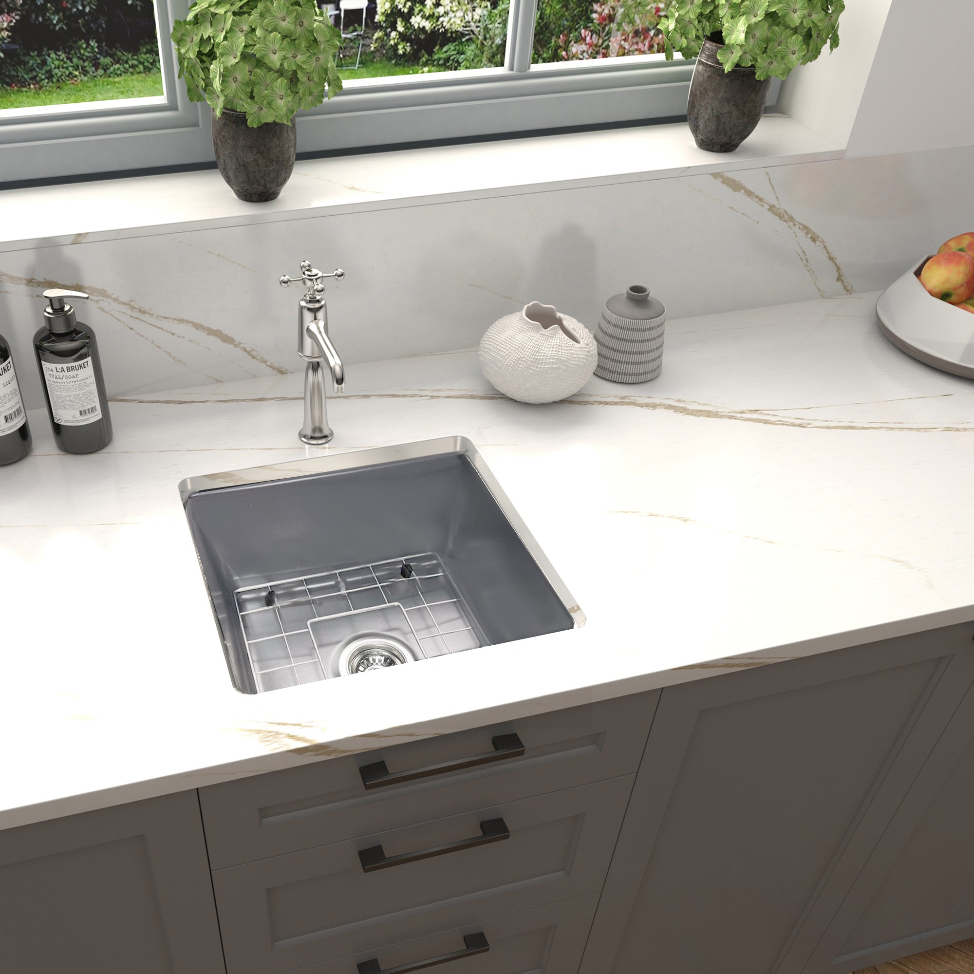 Nantucket Sinks Cape 18" Dual Mount Fireclay Kitchen Sink with Accessories, Matte Grey, Wellfleet-1818GR
