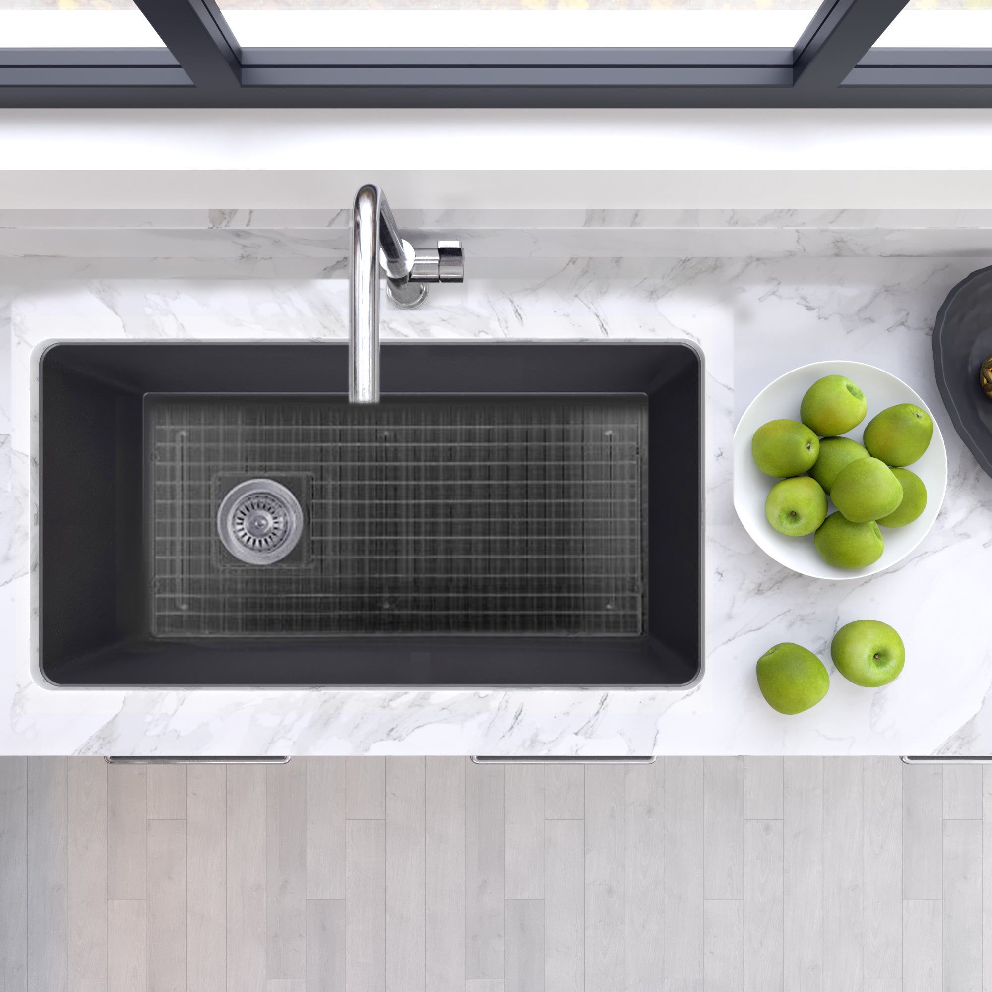 Nantucket Sinks Cape 34" Dual Mount Fireclay Kitchen Sink with Accessories, Matte Black, Wellfleet-3419MatteBlack