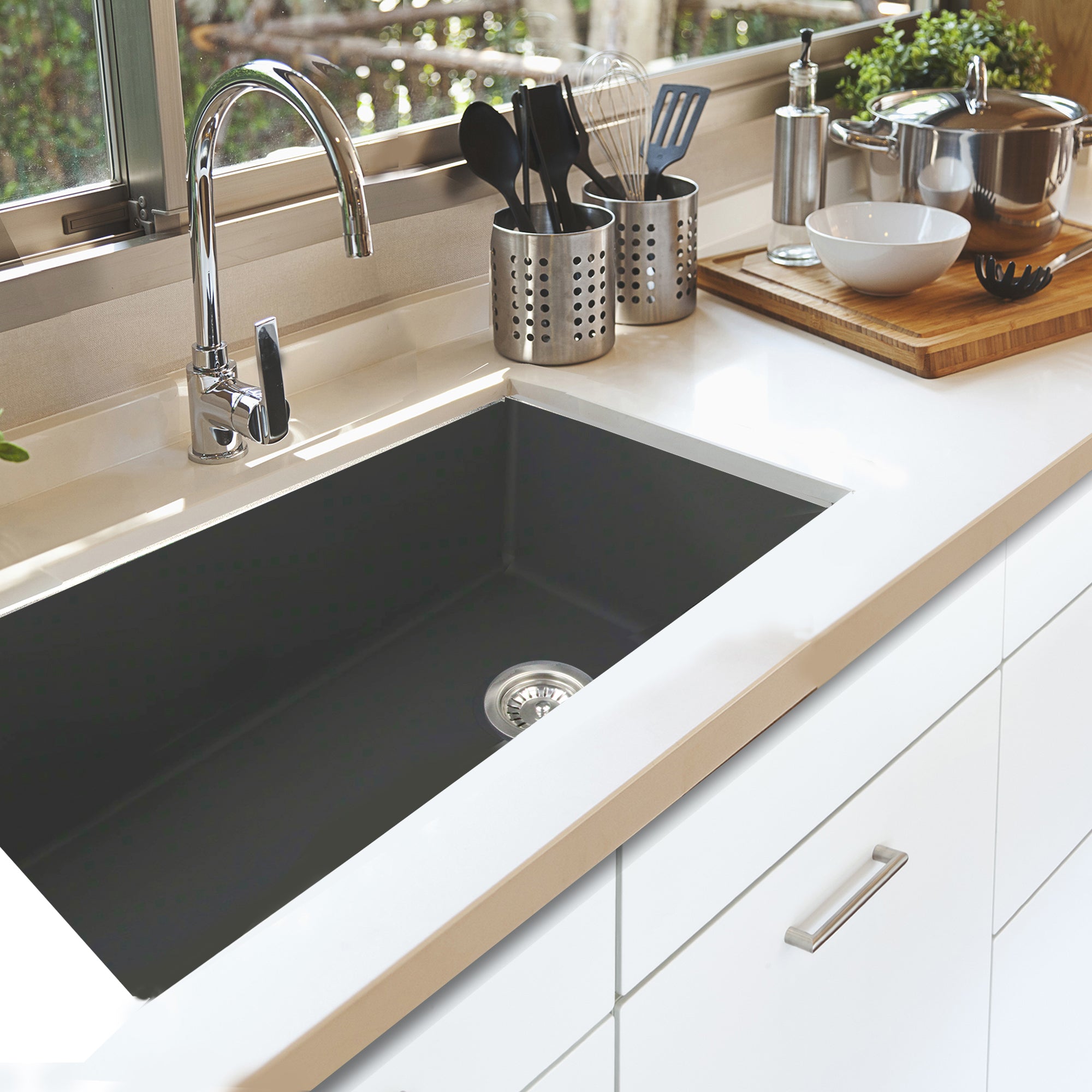 Nantucket Sinks Cape 34" Dual Mount Fireclay Kitchen Sink with Accessories, Matte Black, Wellfleet-3419MatteBlack