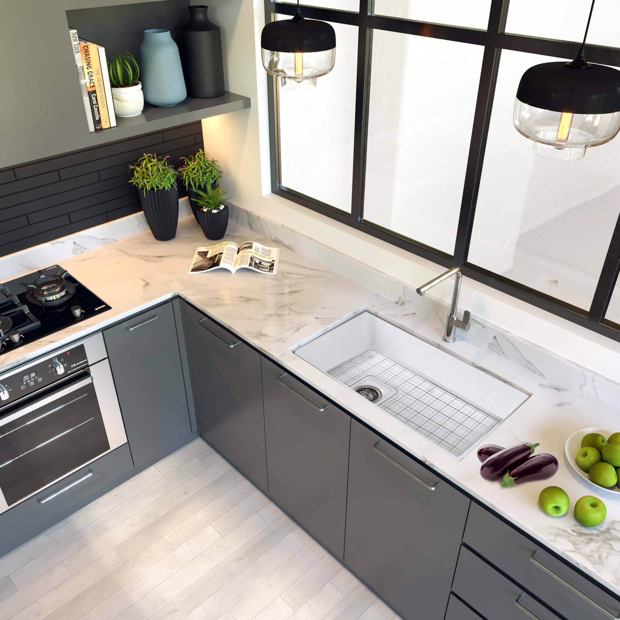 Nantucket Sinks Cape 34" Dual Mount Fireclay Kitchen Sink with Accessories, White, Wellfleet-3419W