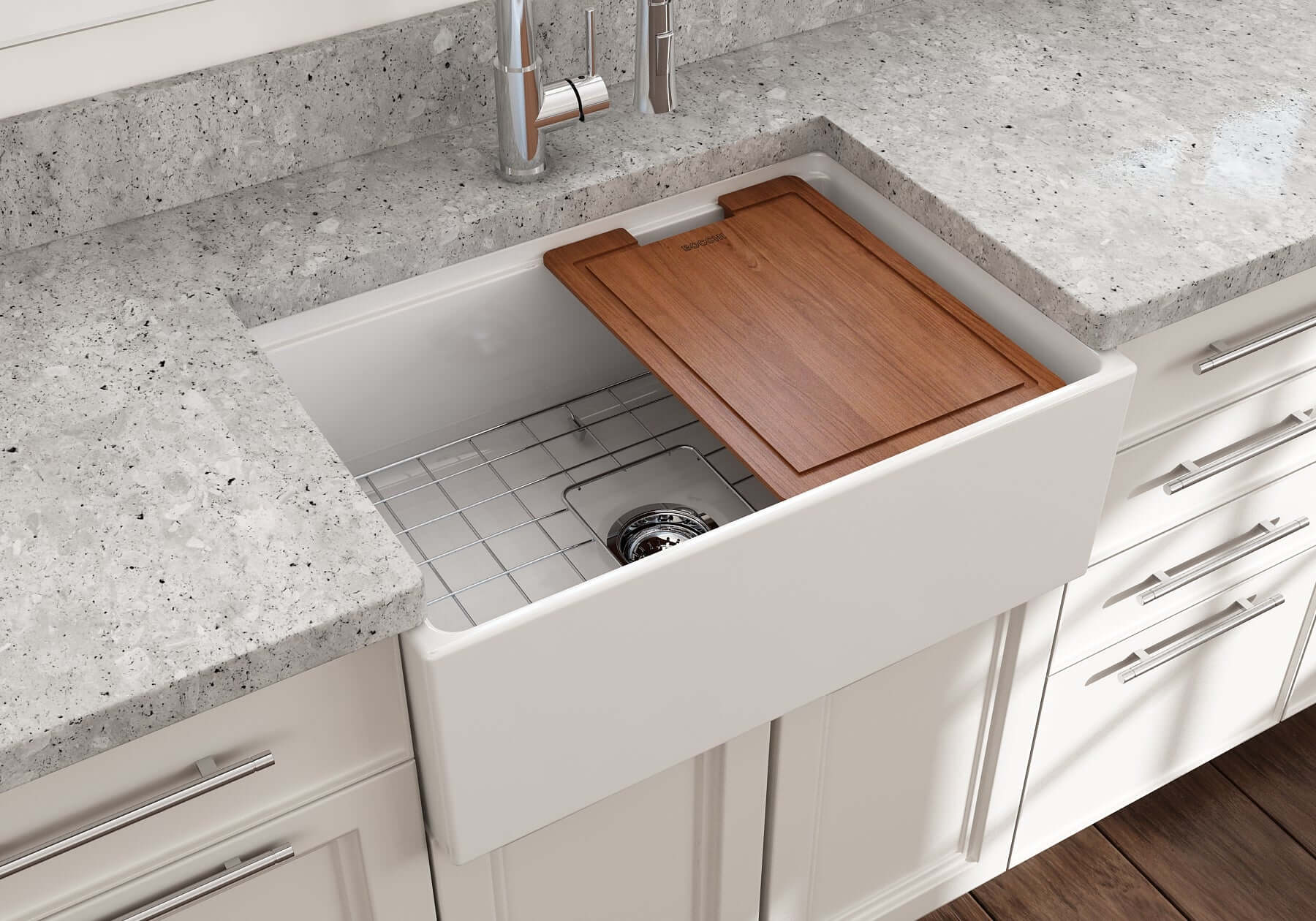 BOCCHI Contempo 27" Fireclay Workstation Farmhouse Sink Kit with Accessories, White, 1628-001-0120