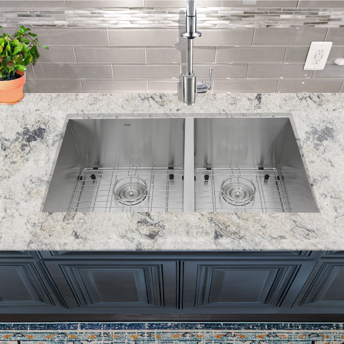 Nantucket Sinks Pro Series 32" Undermount 304 Stainless Steel Kitchen Sink with Accessories, 55/45 Double Bowl, Silver, 16 Gauge, ZR3219-OS-16