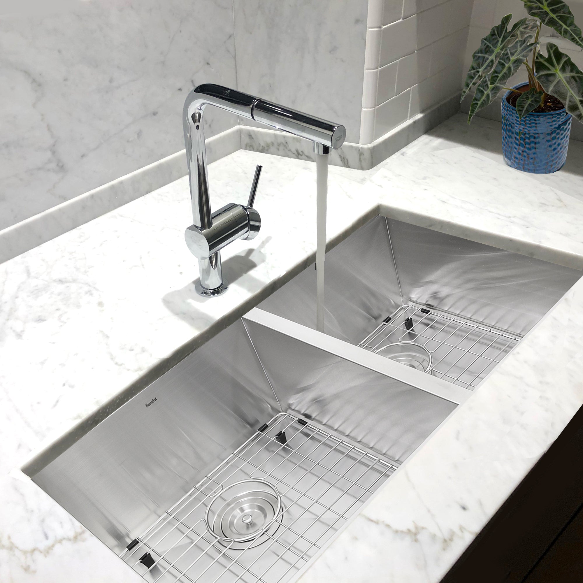 Nantucket Sinks Pro Series 32" Undermount 304 Stainless Steel Kitchen Sink with Accessories, 55/45 Double Bowl, Silver, 16 Gauge, ZR3219-OS-16