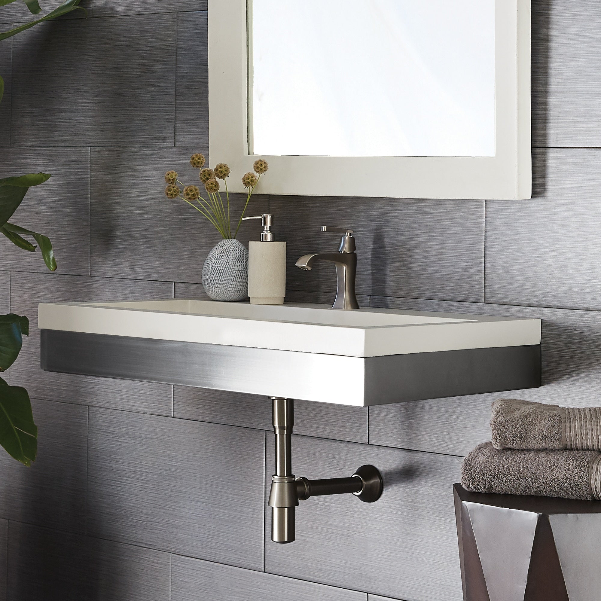 Native Trails 36" Zaca Vanity Base with NativeStone Trough Sink in Pearl, VNS36S-NSL3619-P