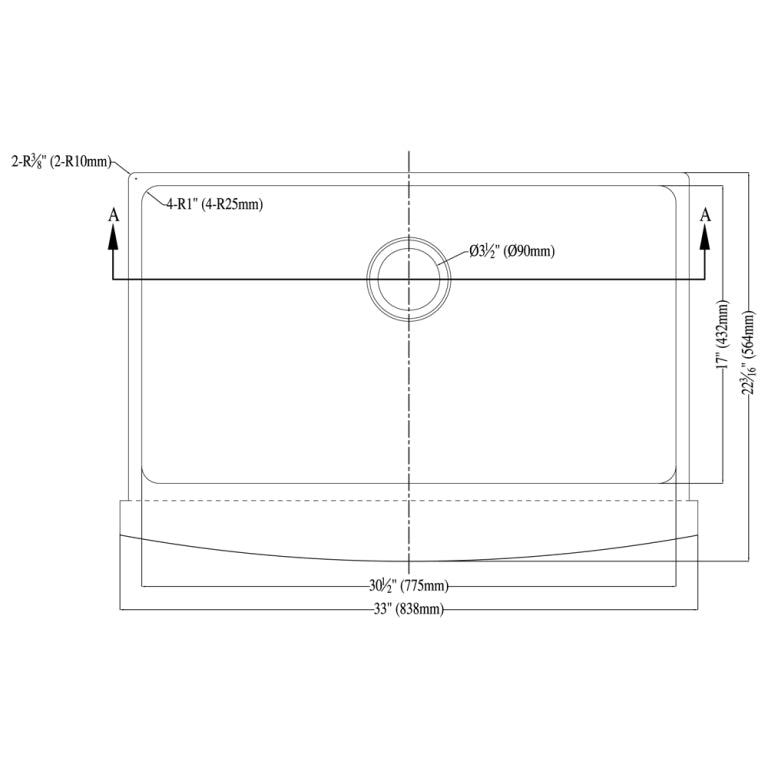 Dawn Undermount Single Bowl with Curved Apron Front Sink DAF3320C Spec 1