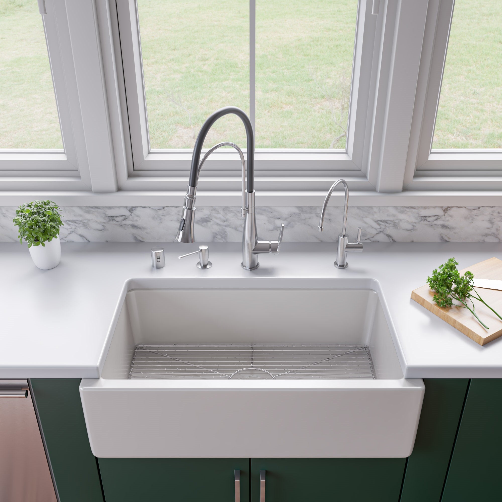 ALFI 33" Fireclay Farmhouse Kitchen Sink, Single Bowl, Reversible, White, AB3318HS-W