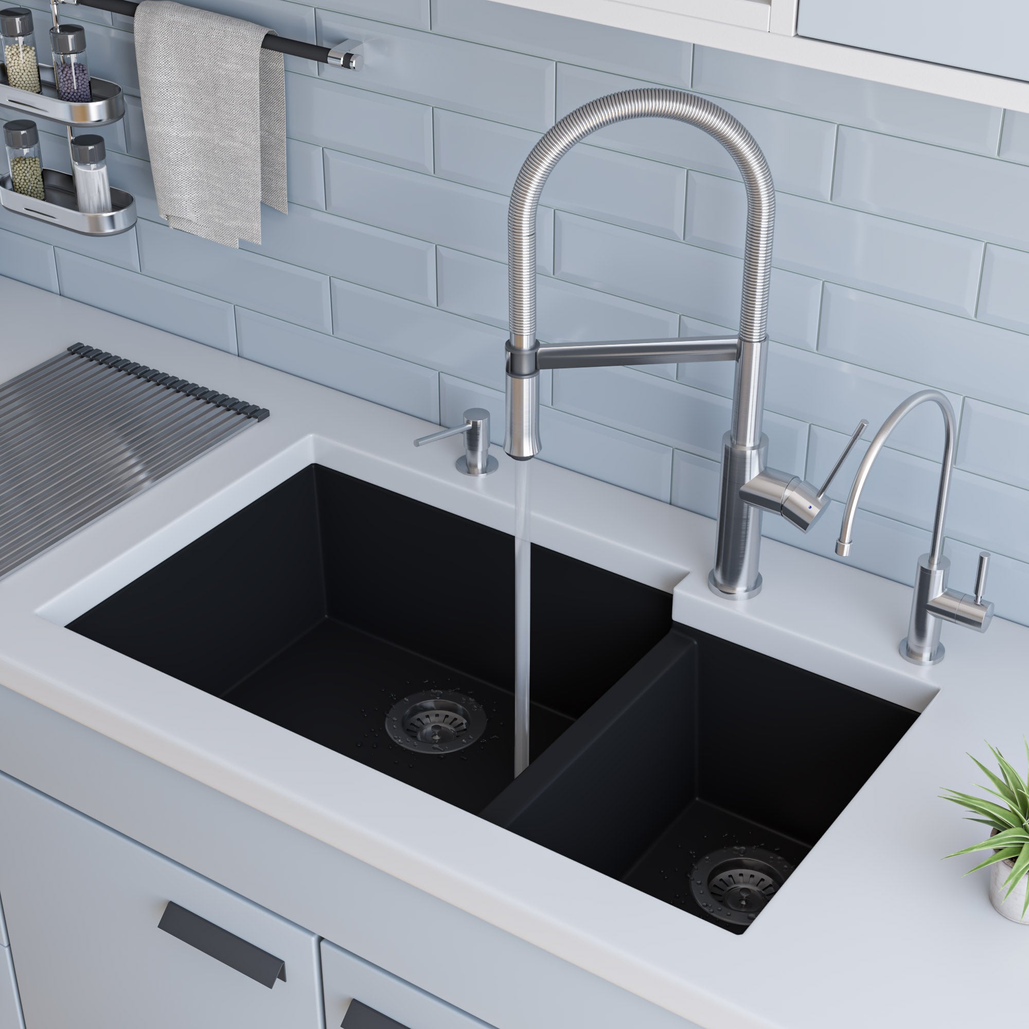 ALFI Black 34" Double Bowl Undermount Granite Composite Kitchen Sink, AB3319UM-BLA