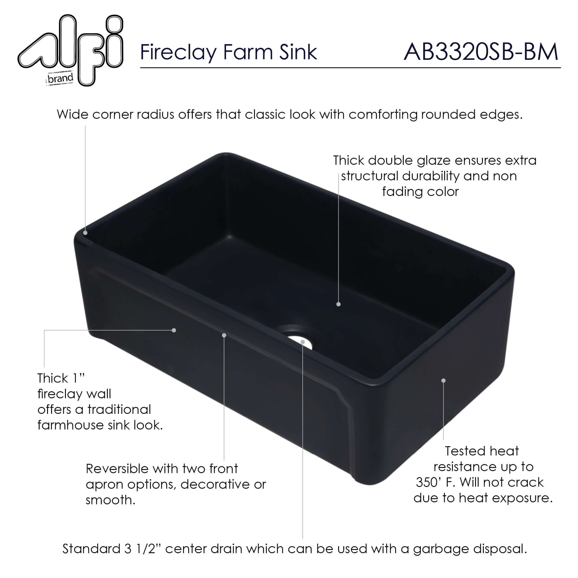 ALFI 33" Single Bowl Fireclay Farmhouse Apron Sink, Black Matte, AB3320SB-BM - The Sink Boutique