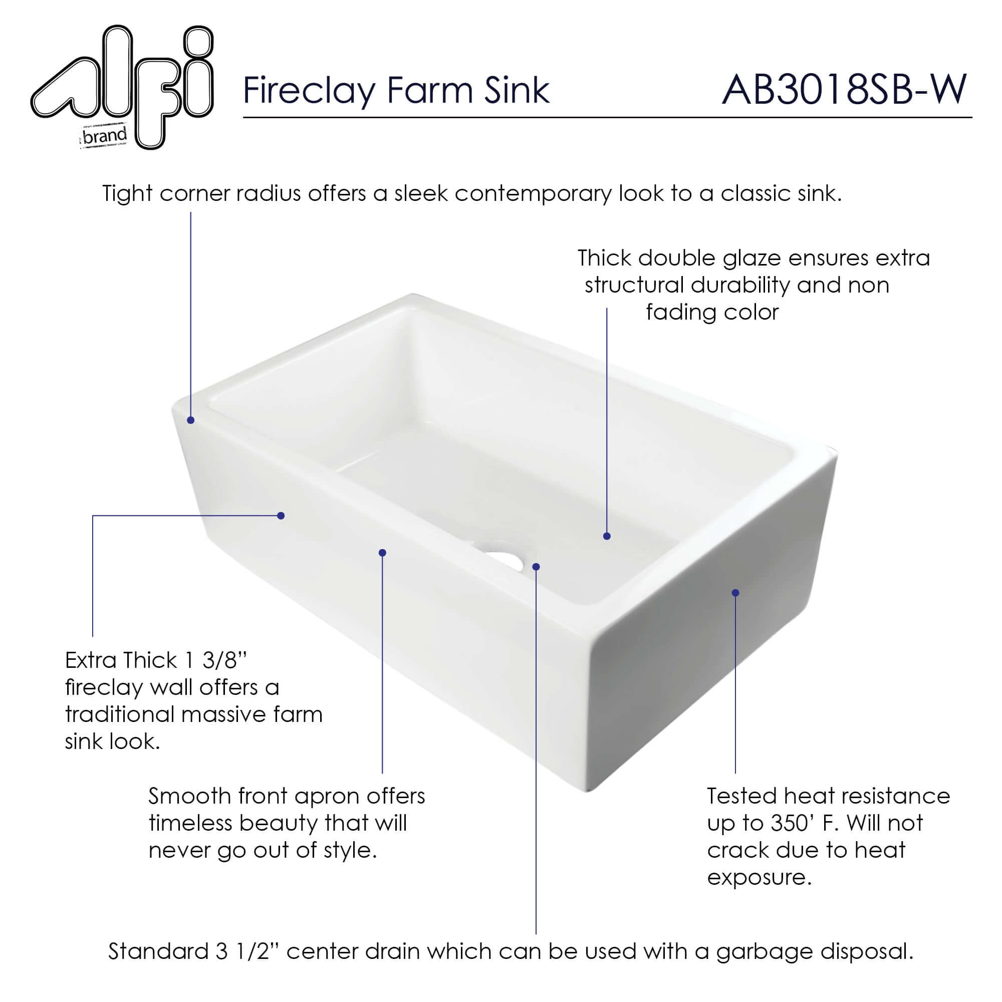ALFI 30" Single Bowl Thick Wall Fireclay Farmhouse Apron Sink, White, AB3018SB-W