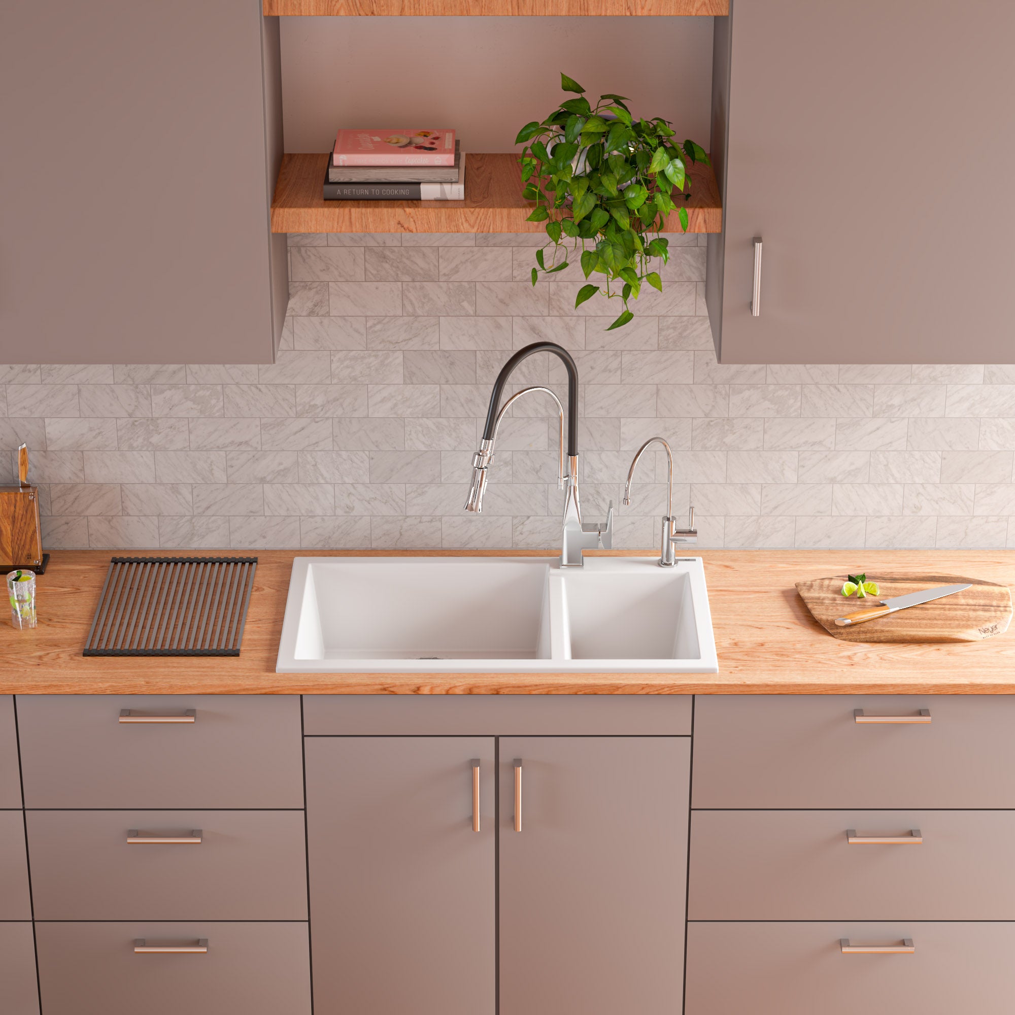ALFI White 34" Double Bowl Drop In Granite Composite Kitchen Sink, AB3319DI-W