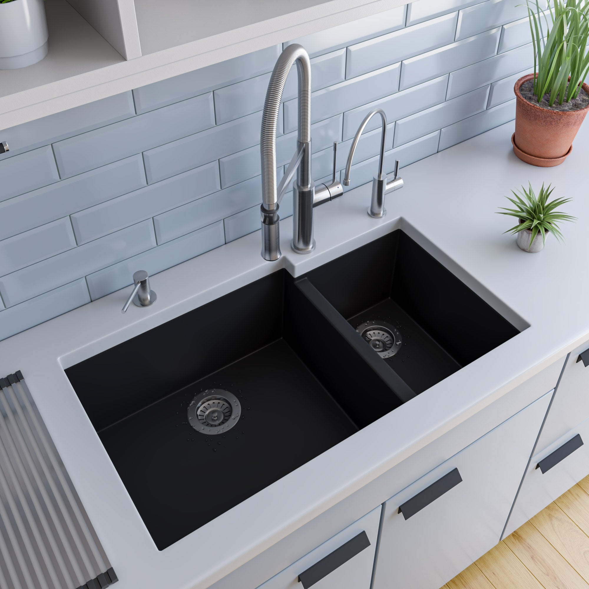 ALFI Black 34" Double Bowl Undermount Granite Composite Kitchen Sink, AB3319UM-BLA