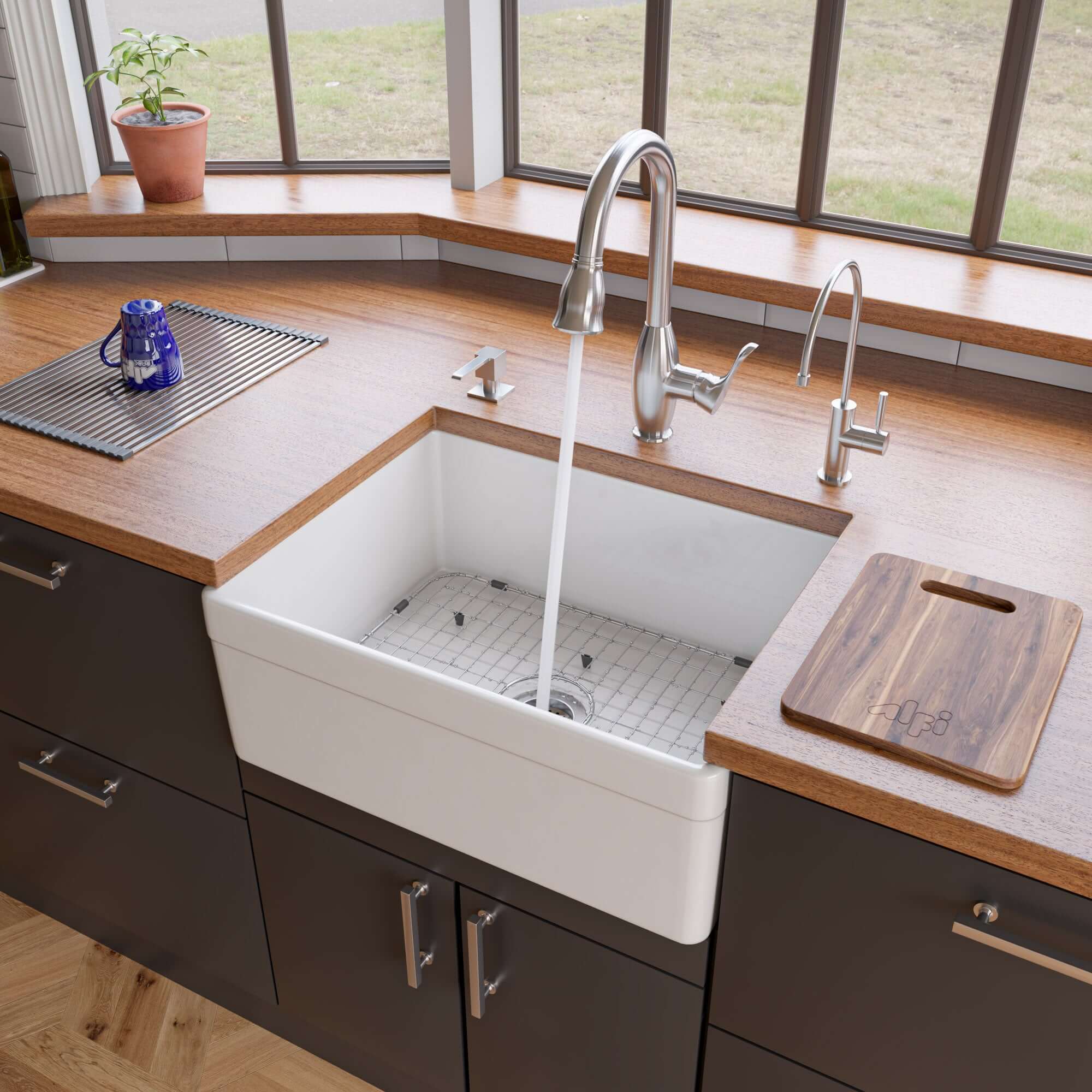ALFI 26" Single Bowl Fireclay Farmhouse Apron Sink, White, Decorative, AB506-W