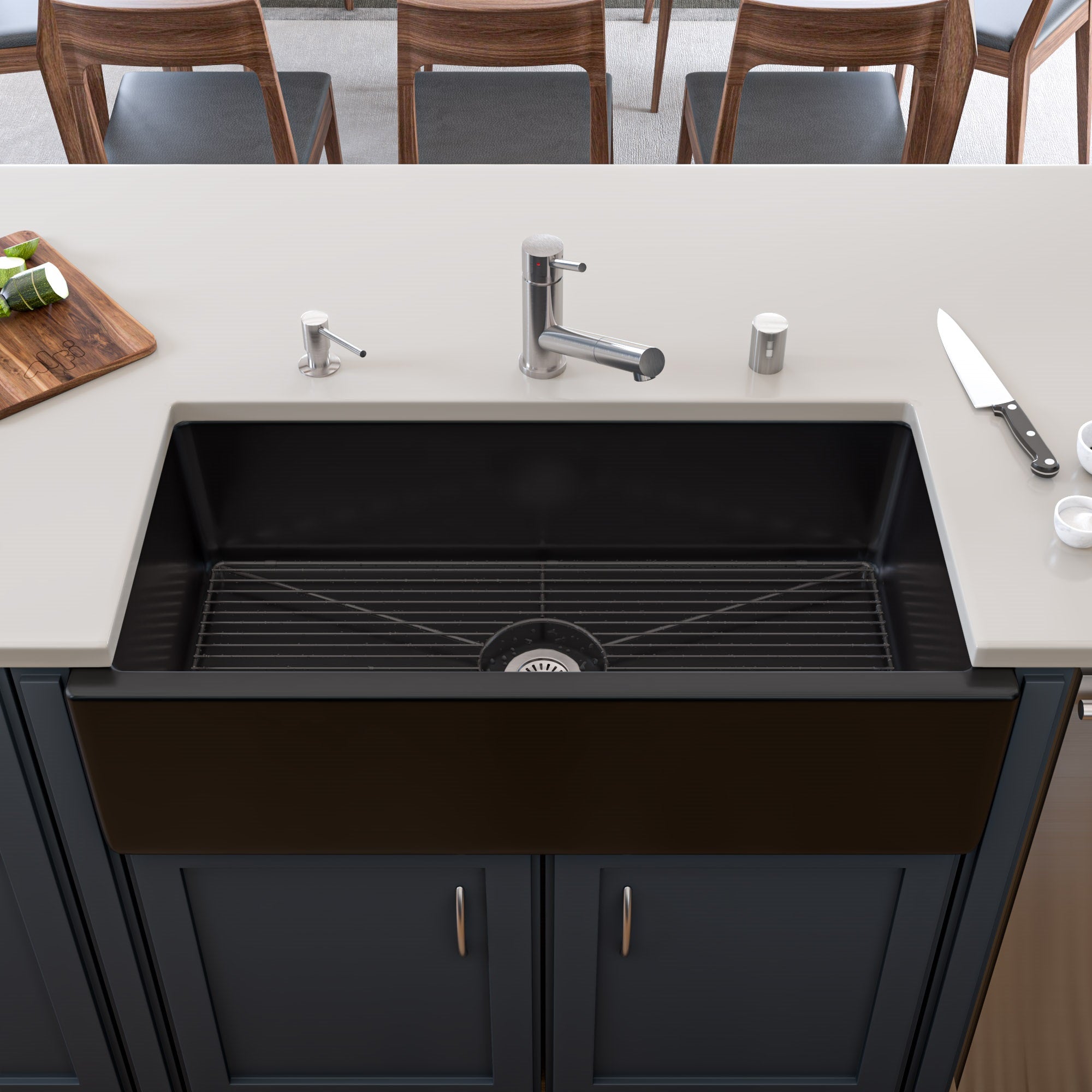 ALFI 36" Single Bowl Fireclay Farmhouse Kitchen Sink, Black Gloss, Reversible, AB3618HS-BG