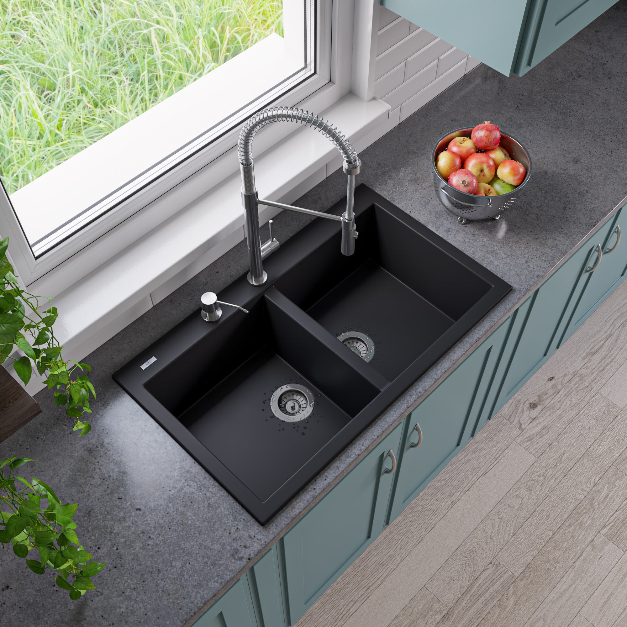 ALFI Black 34" Drop-In Double Bowl Granite Composite Kitchen Sink, AB3420DI-BLA