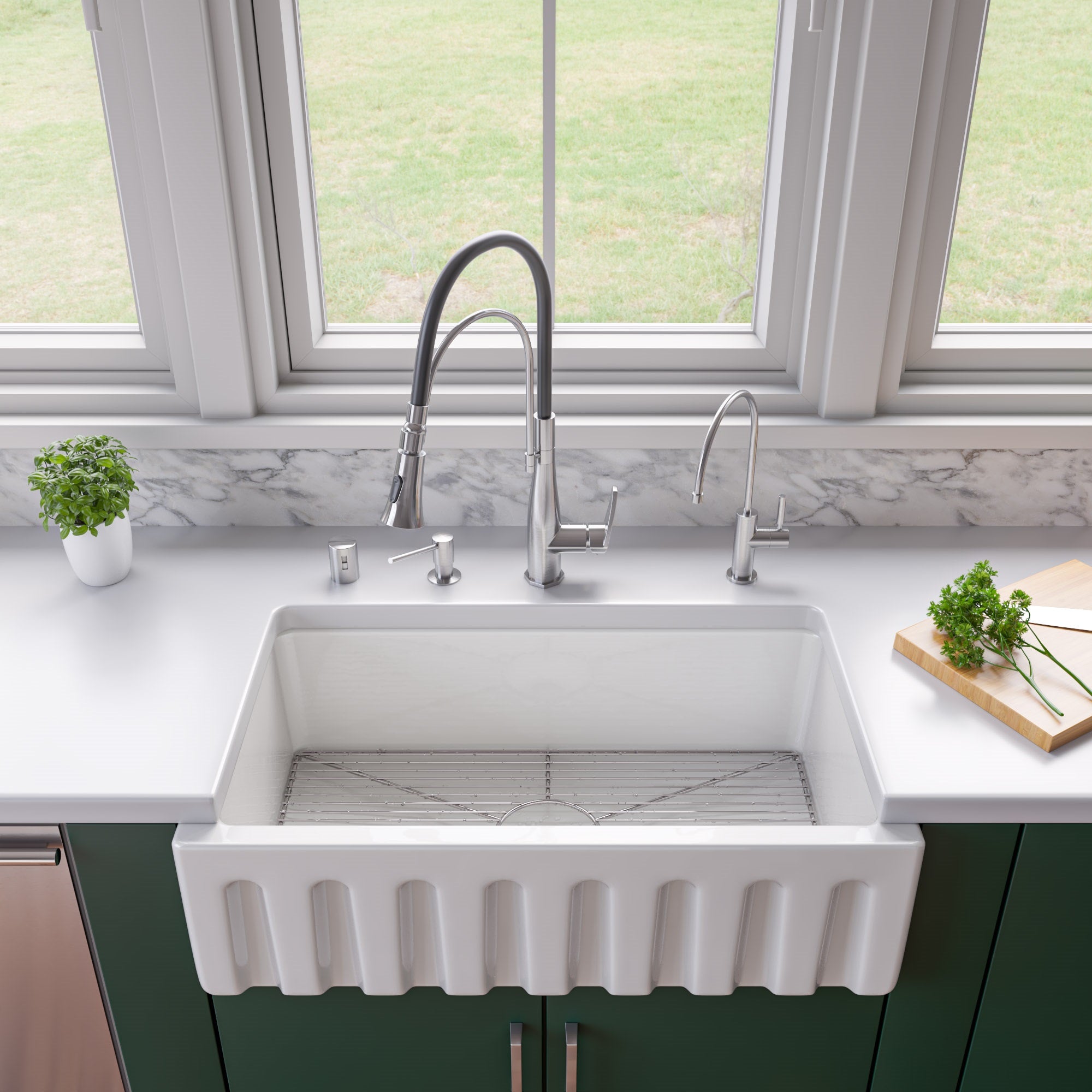 ALFI 33" Fireclay Farmhouse Kitchen Sink, Single Bowl, Reversible, White, AB3318HS-W