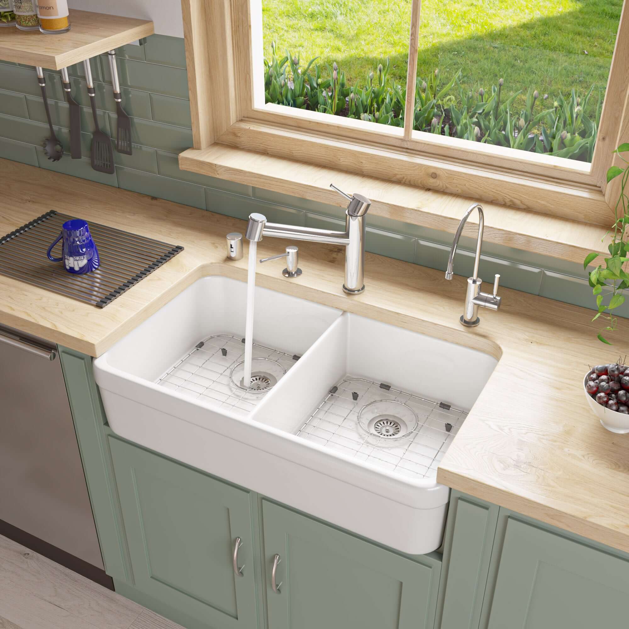 ALFI 32" Double Bowl Fireclay Farmhouse Apron Sink, White, AB512-W