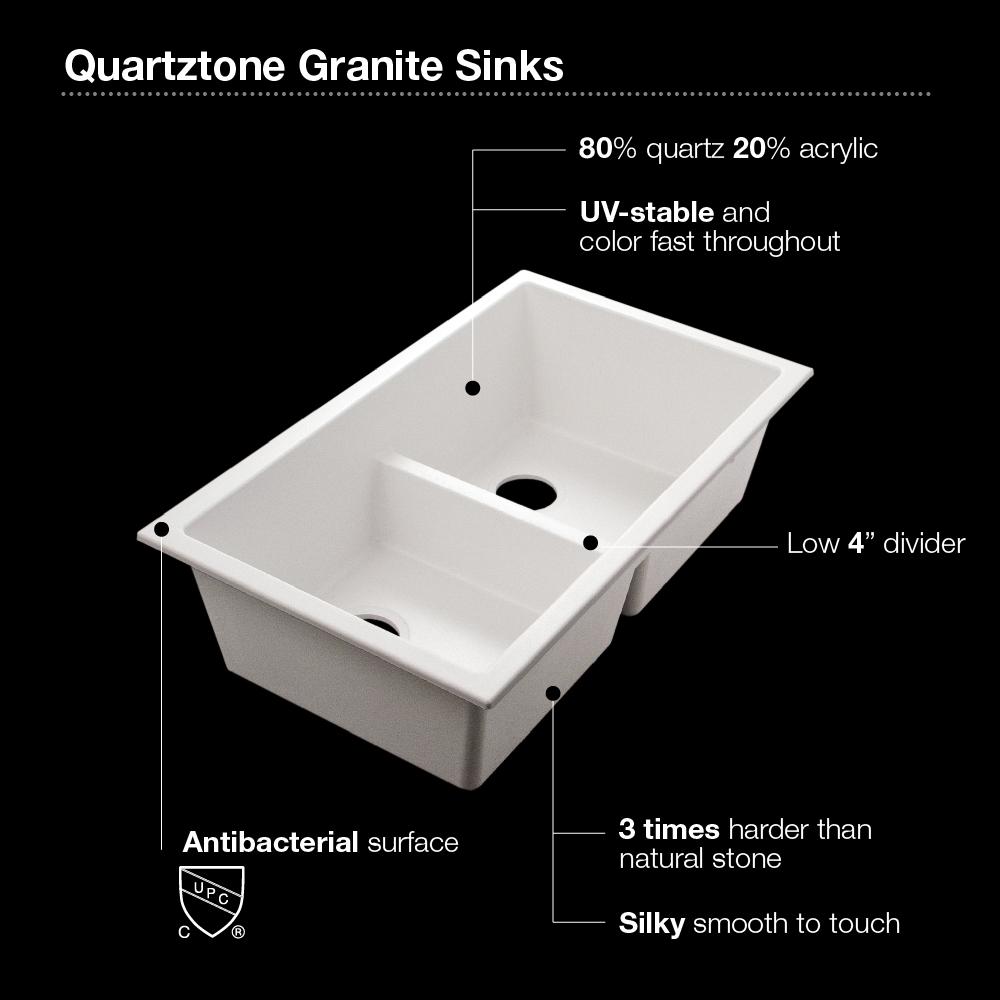 Houzer 33" Quartztone Undermount Composite Granite 50/50 Double Bowl Kitchen Sink, White, M-200U - The Sink Boutique
