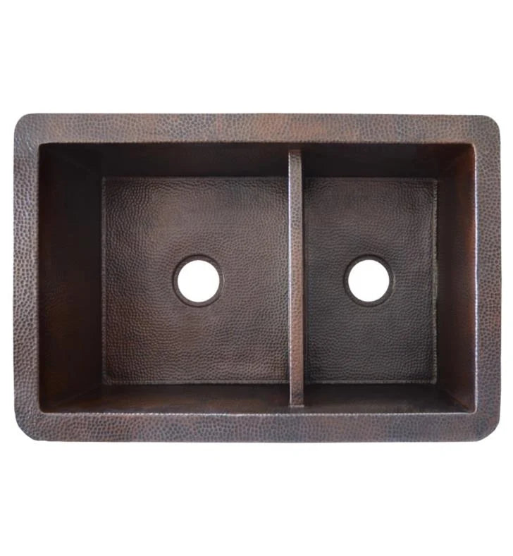 Native Trails Cocina Duet 33" Copper Kitchen Sink, 60/40 Double Bowl, Antique Copper, CPK275