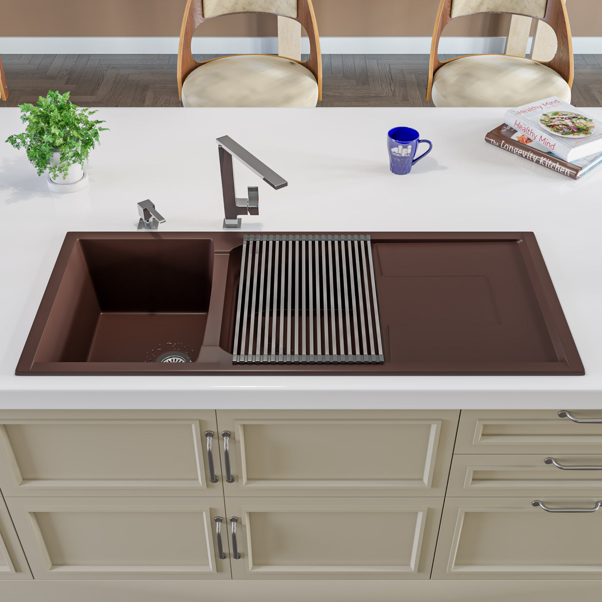 Alternate Image for ALFI brand AB4620DI-C Chocolate 46" Double Bowl Granite Composite Kitchen Sink with Drainboard