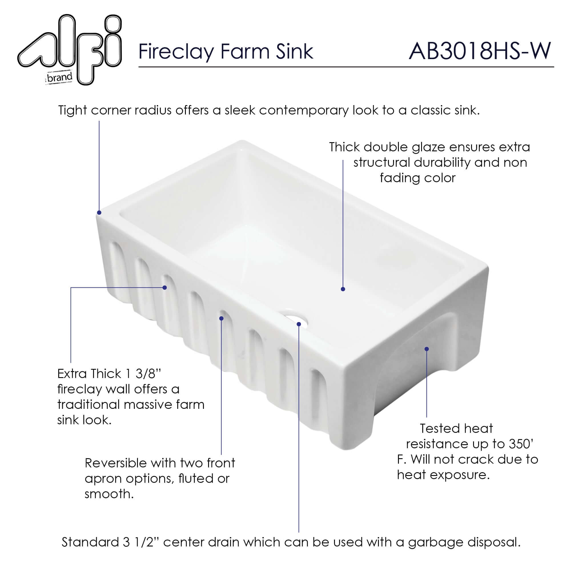ALFI 30" Single Bowl Fireclay Farmhouse Apron Sink, White, Reversible, AB3018HS-W