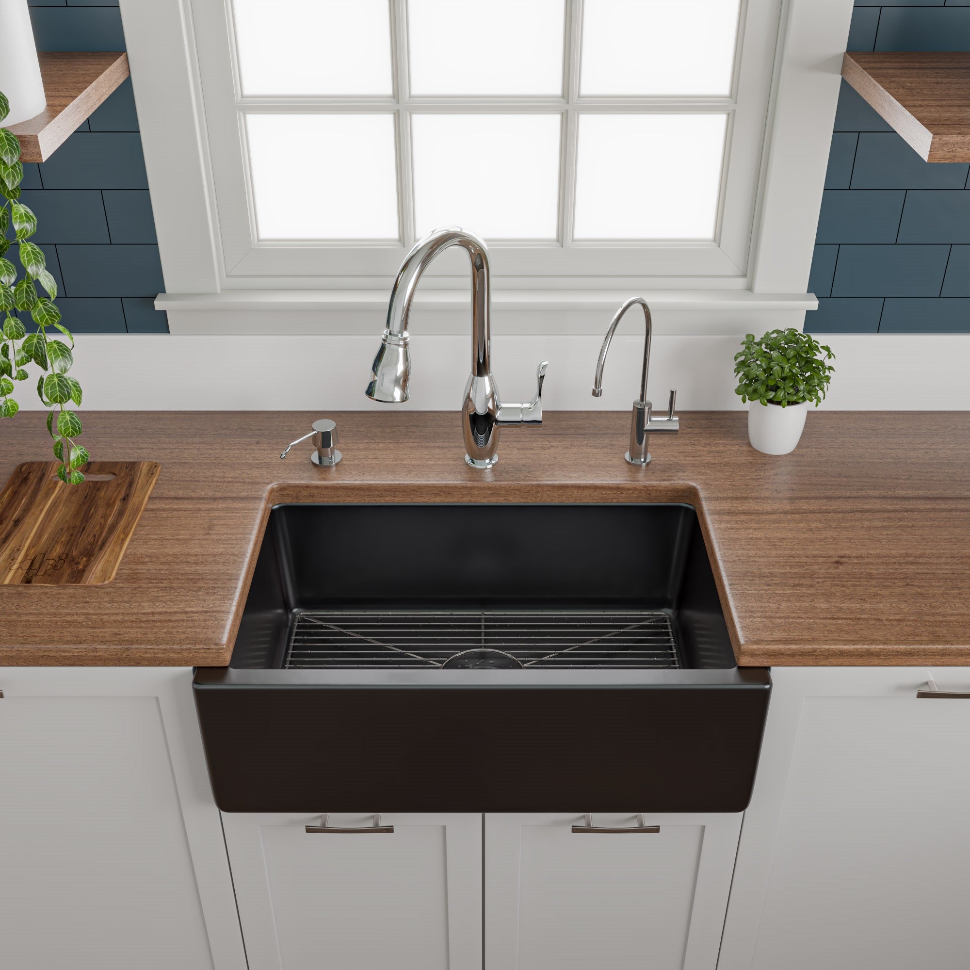 ALFI 30" Single Bowl Fireclay Farmhouse Apron Sink, Black Gloss, Reversible, AB3018HS-BG
