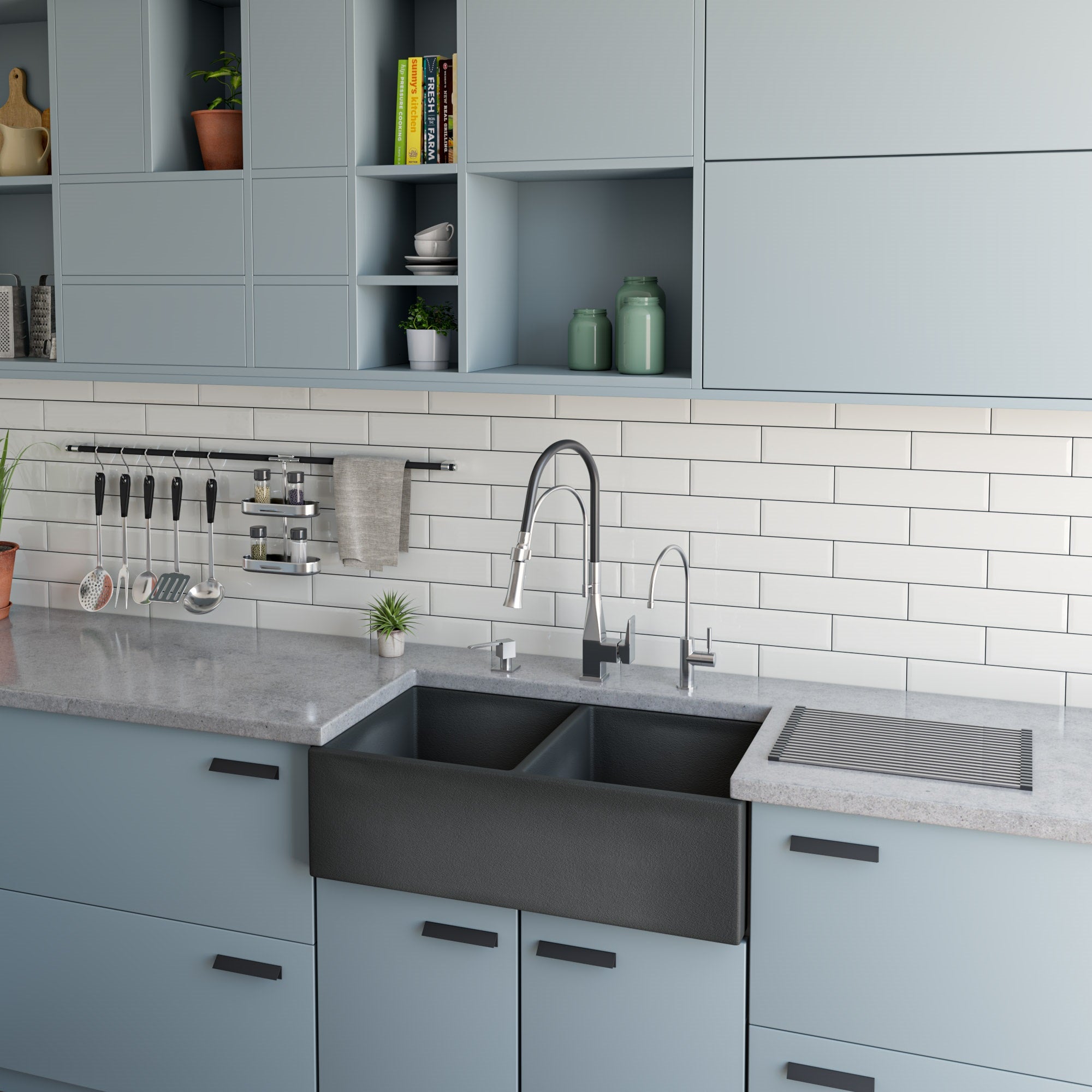 ALFI brand 33" Fireclay Farmhouse Sink, 50/50 Double Bowl, Concrete, ABCO3318DB