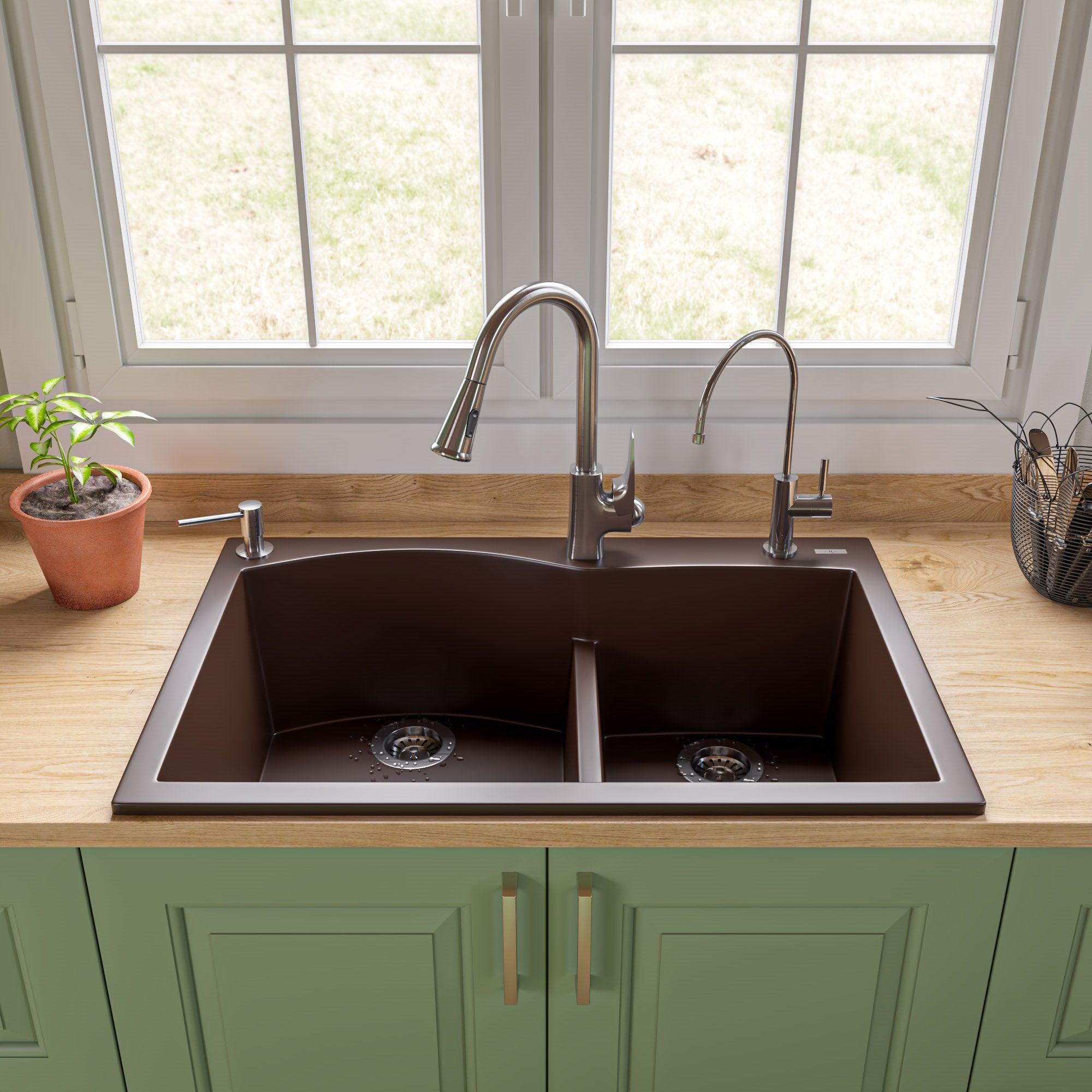 Alternate Image for ALFI brand AB3320DI-C Chocolate 33" Double Bowl Drop In Granite Composite Kitchen Sink