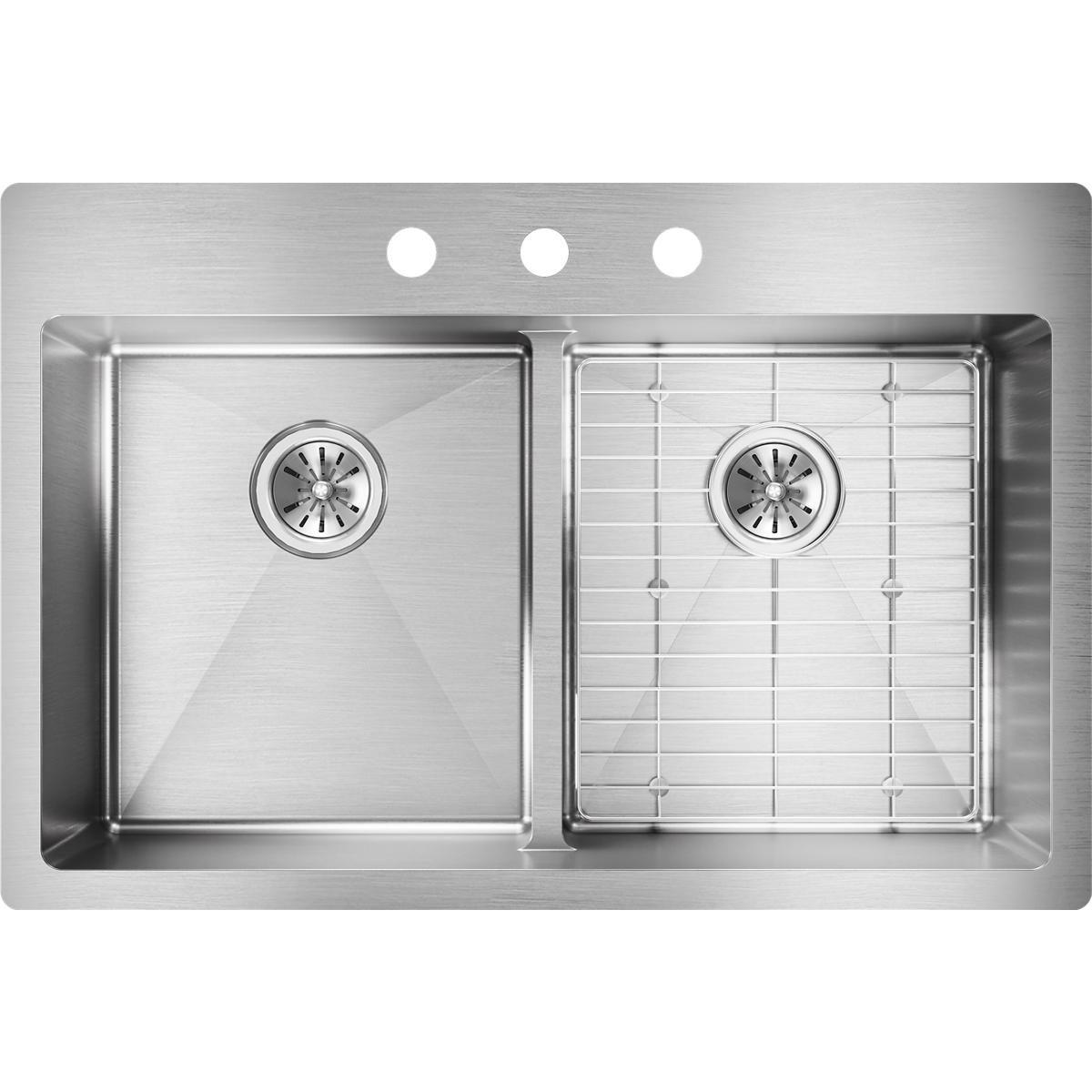 Elkay Crosstown 33" Stainless Steel Kitchen Sink, 50/50 Double Bowl, Sink Kit, Polished Satin, ECTSRA33229TBG3