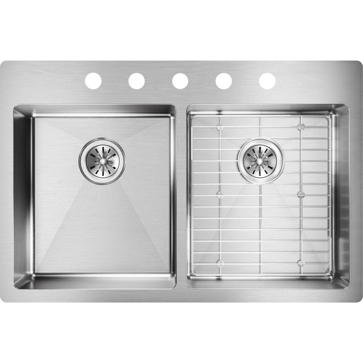 Elkay Crosstown 33" Stainless Steel Kitchen Sink, 50/50 Double Bowl, Sink Kit, Polished Satin, ECTSRAD33226TBG5