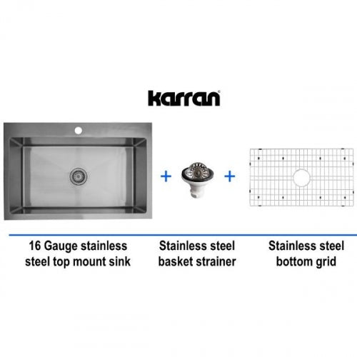 Karran 33" Drop In/Topmount Stainless Steel Kitchen Sink, 16 Gauge, EL-33-PK1