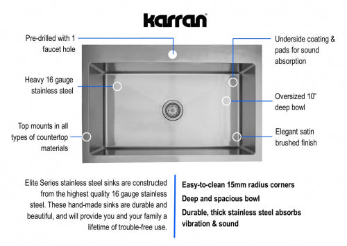 Karran 33" Drop In/Topmount Stainless Steel Kitchen Sink, 16 Gauge, EL-33-PK1