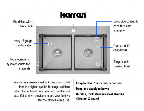 Karran 33" Drop In/Topmount Stainless Steel Kitchen Sink, 50/50 Double Bowl, 16 Gauge, EL-35-PK1