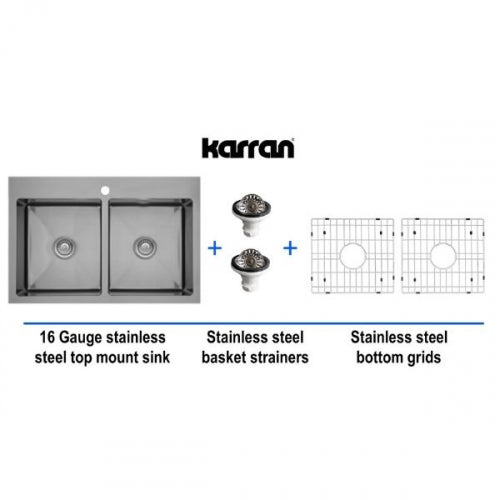 Karran 33" Drop In/Topmount Stainless Steel Kitchen Sink, 50/50 Double Bowl, 16 Gauge, EL-35-PK1