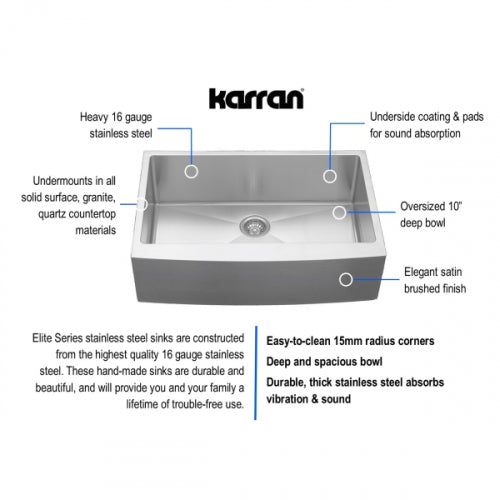 Karran 33" Stainless Steel Farmhouse Sink, 16 Gauge, EL-84-PK1