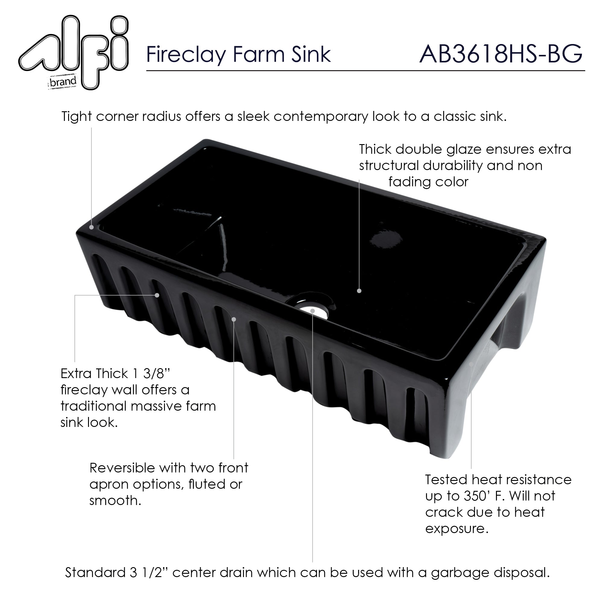 ALFI 36" Single Bowl Fireclay Farmhouse Kitchen Sink, Black Gloss, Reversible, AB3618HS-BG