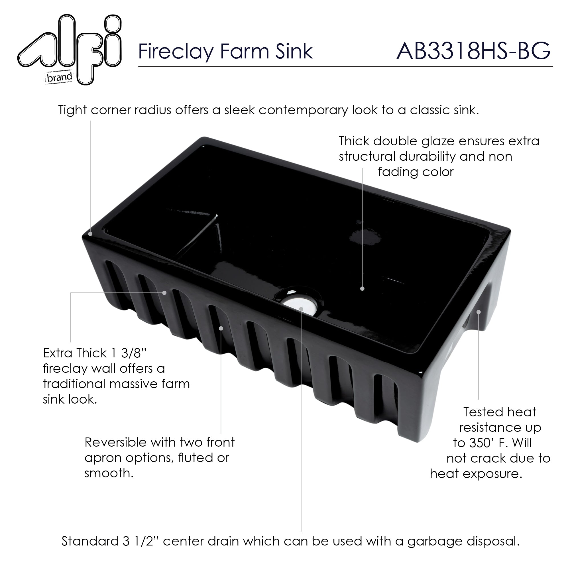 ALFI 33" Fireclay Farmhouse Kitchen Sink, Single Bowl, Reversible, Black Gloss, AB3318HS-BG