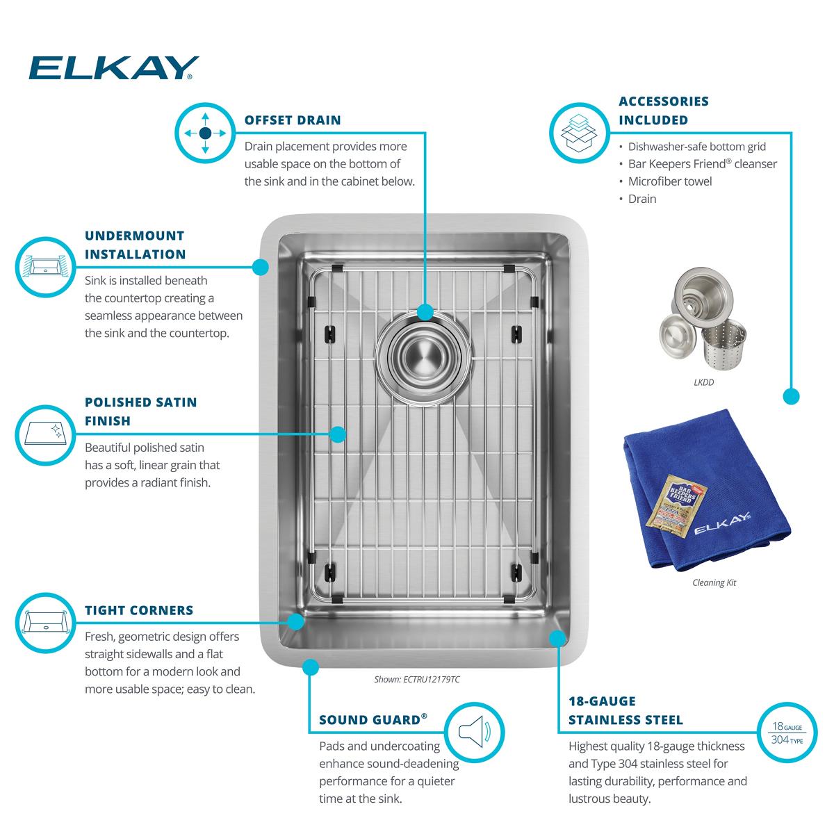 Elkay Crosstown 14" Stainless Steel Bar Sink, Polished Satin, ECTRU12179TC