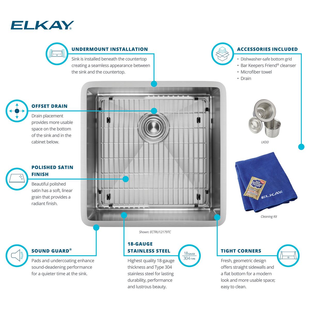 Elkay Crosstown 19" Stainless Steel Kitchen Sink, 18 Gauge, Polished Satin, ECTRU17179TC