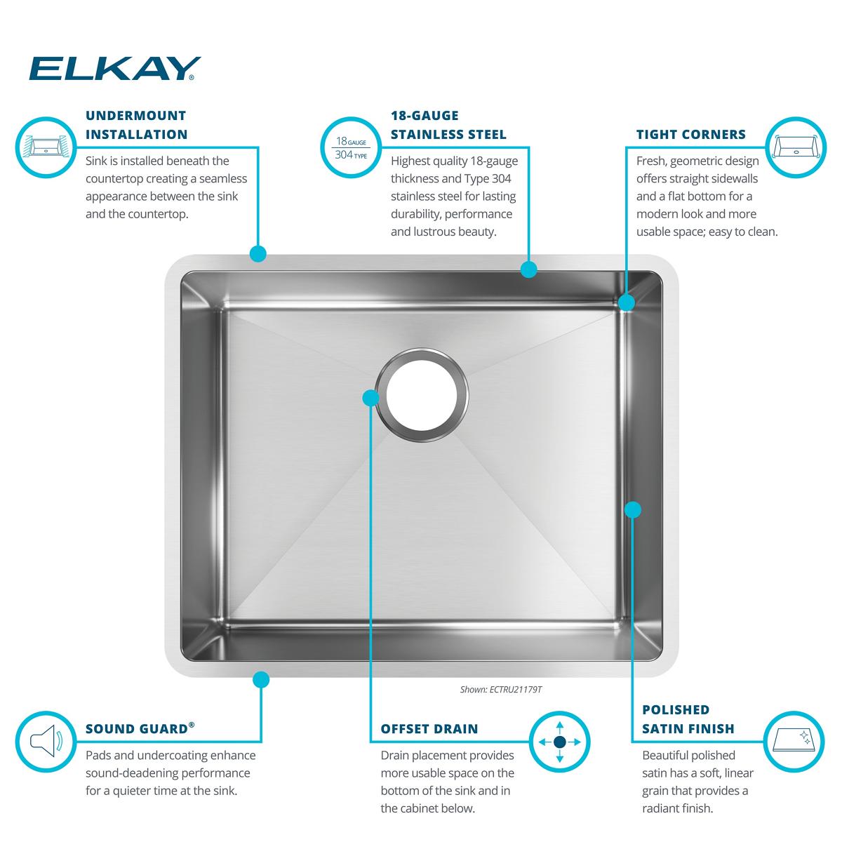 Elkay Crosstown 23" Stainless Steel Kitchen Sink, 18 Gauge, Polished Satin, ECTRU21179T