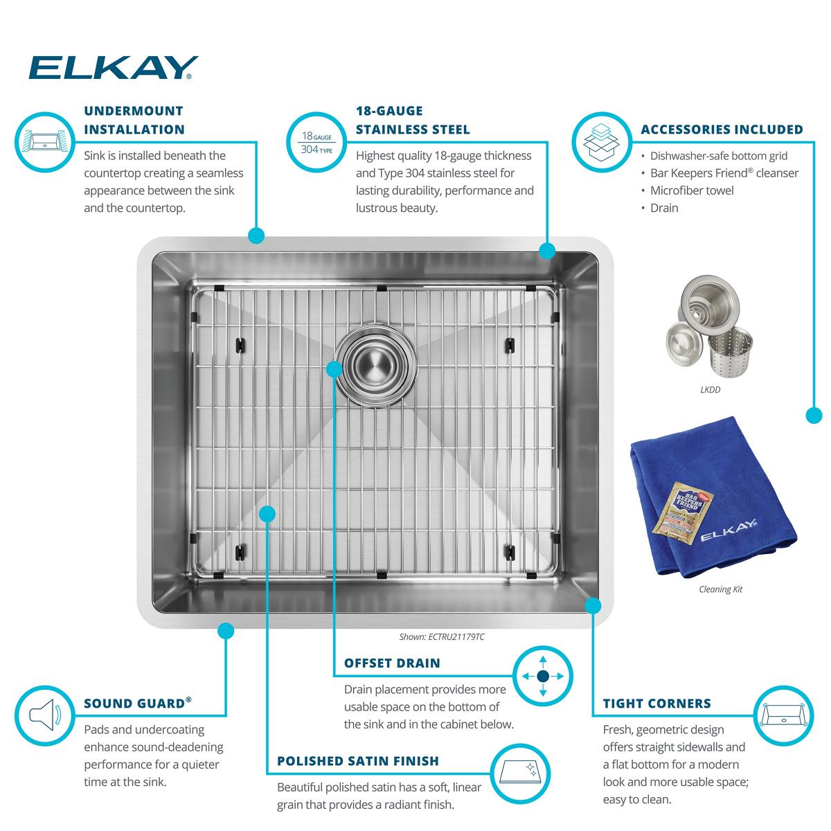 Elkay Crosstown 23" Stainless Steel Kitchen Sink, 18 Gauge, Polished Satin, ECTRU21179TC