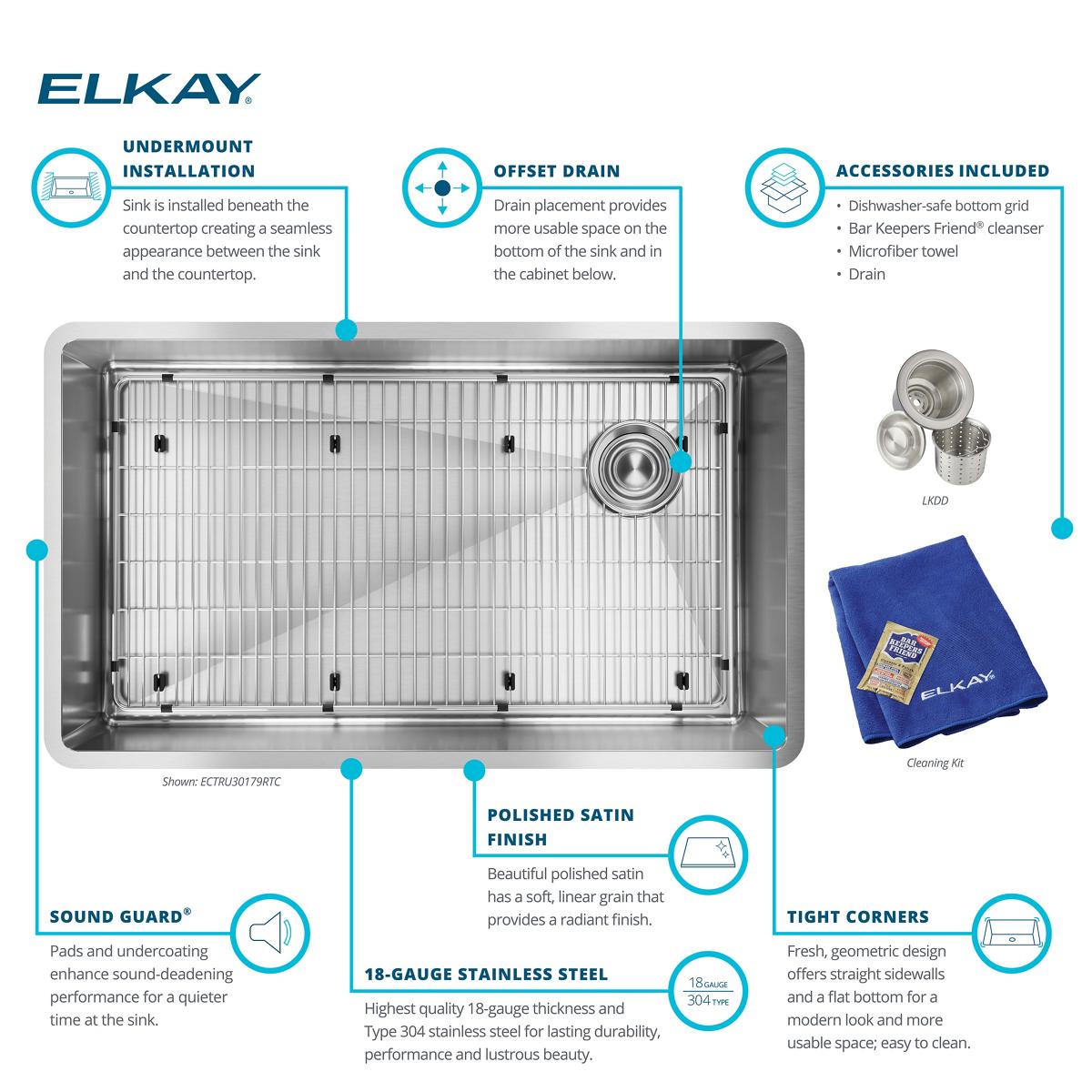Elkay Crosstown 32" Stainless Steel Kitchen Sink, 18 Gauge, Polished Satin, ECTRU30179RTC
