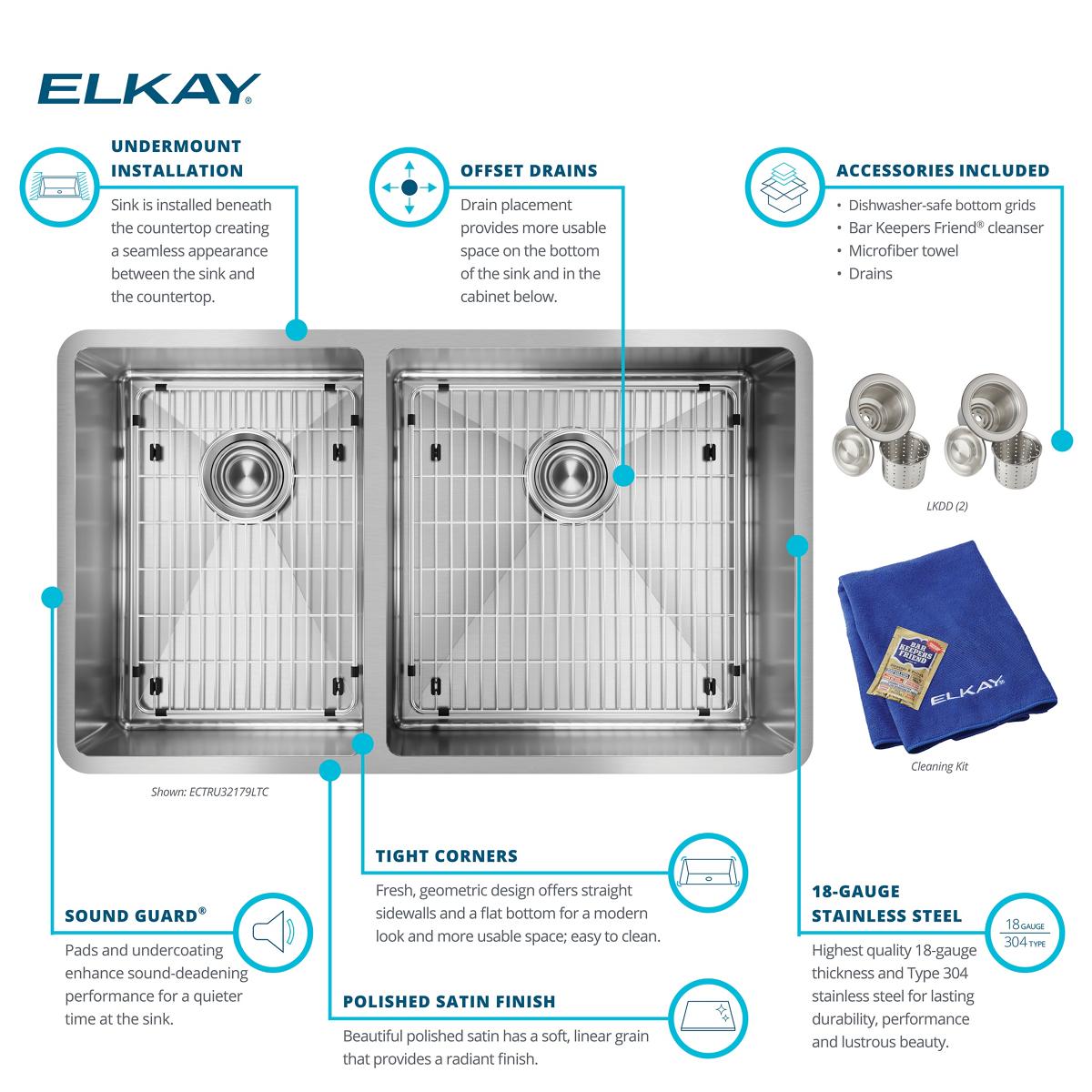 Elkay Crosstown 32" Stainless Steel Kitchen Sink, 40/60 Double Bowl, 18 Gauge, Polished Satin, ECTRU32179LTC