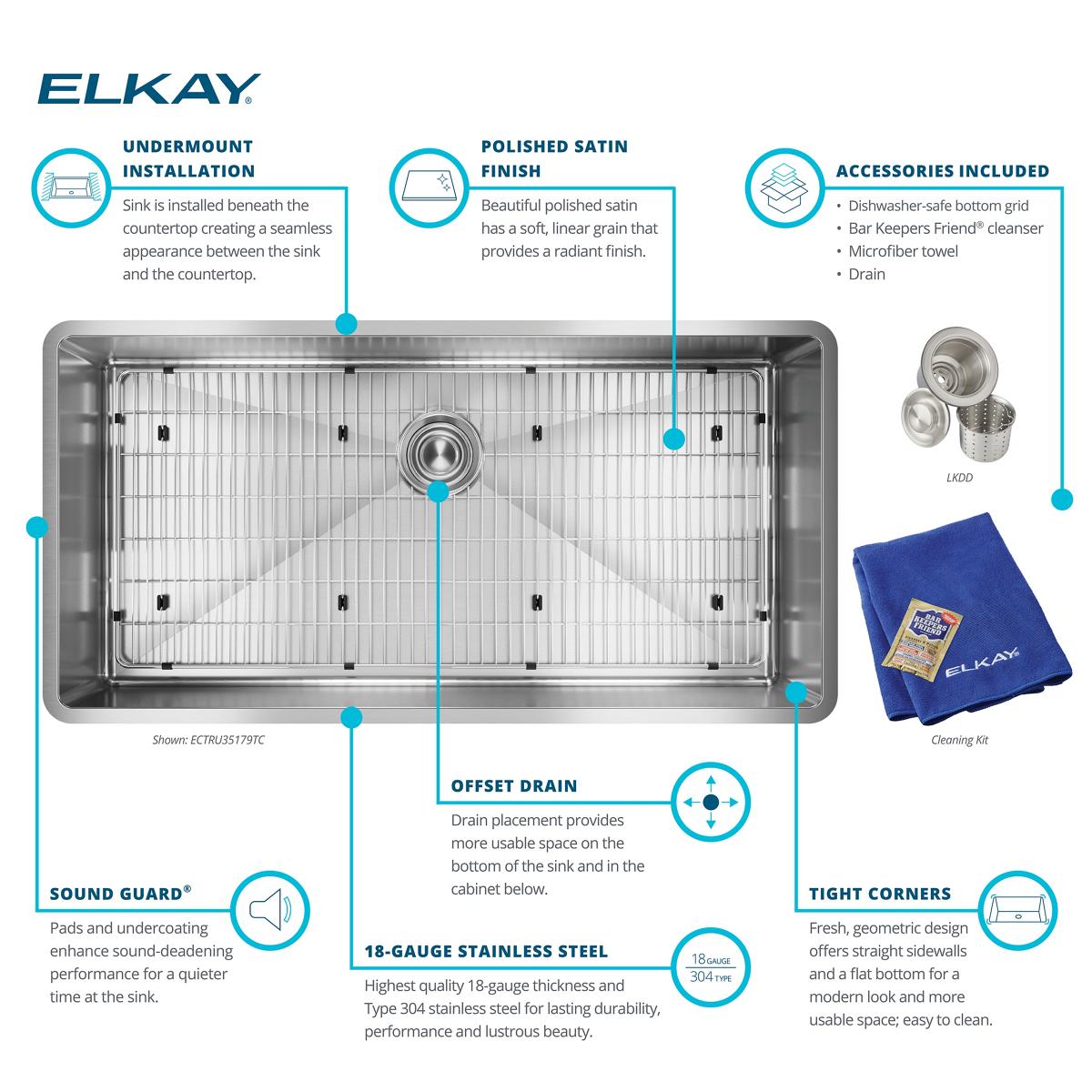 Elkay Crosstown 37" Stainless Steel Kitchen Sink, 18 Gauge, Polished Satin, ECTRU35179TC