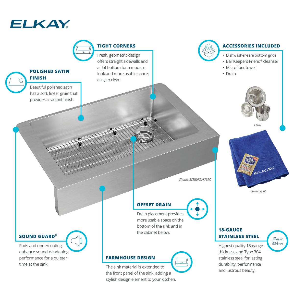 Elkay Crosstown 36" Stainless Steel Farmhouse Kitchen Sink, 18 Gauge, Polished Satin, ECTRUF30179RC