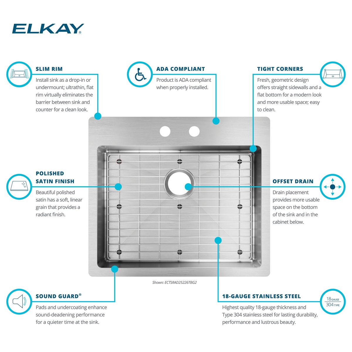 Elkay Crosstown 25" Stainless Steel Kitchen Sink Kit, Polished Satin, 2 Faucet Hole, ECTSRAD25226TBG2